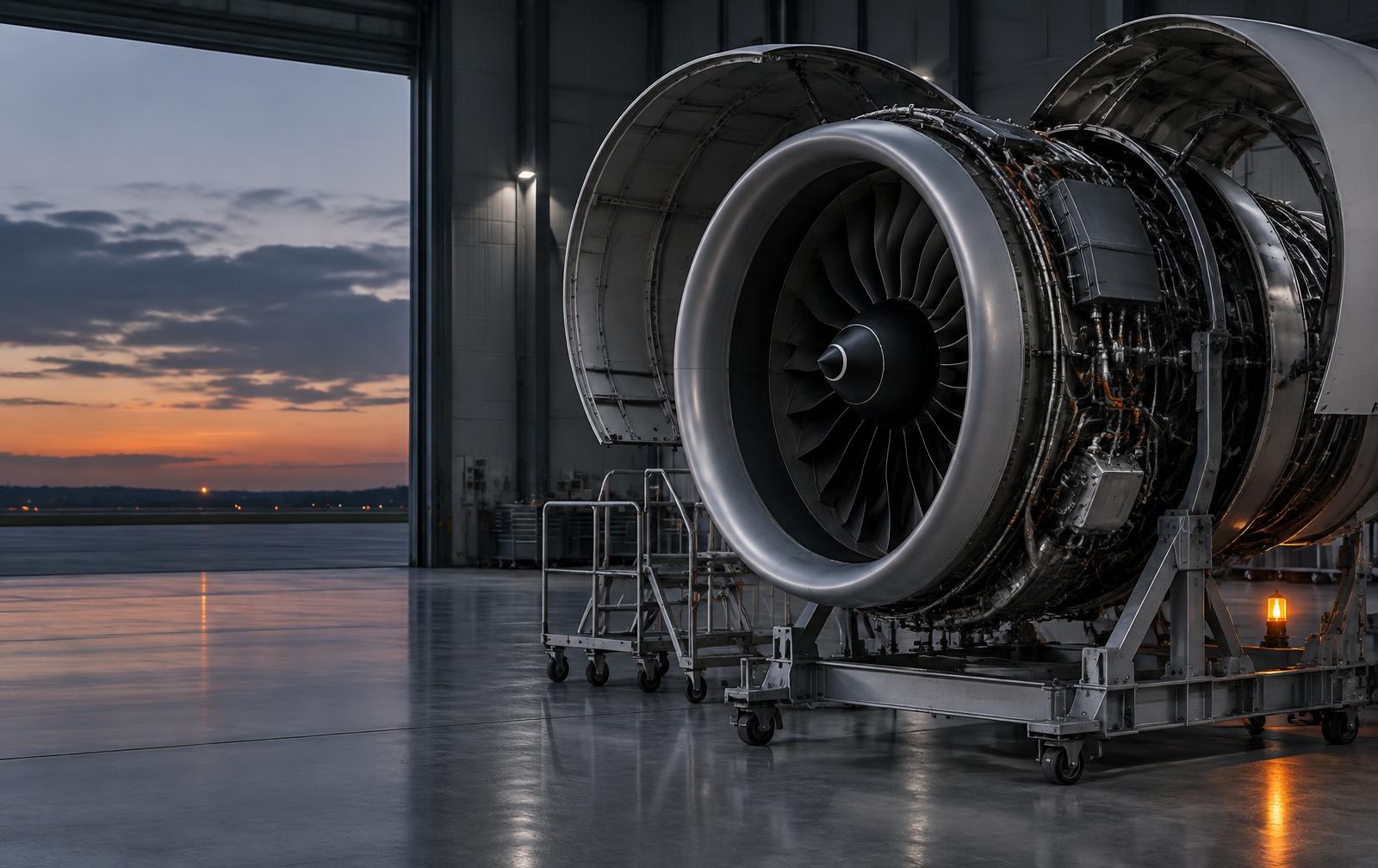 Moteur turbofan capots ouverts sur un bâti de maintenance dans un hangar